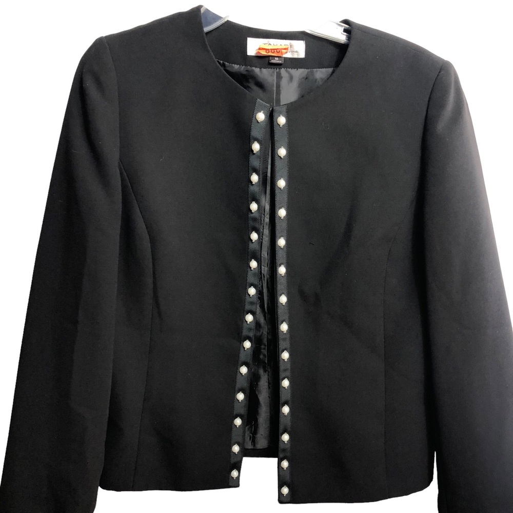 TAHARI ASL Black Blazer with Faux Peals Trim Open Front size 10